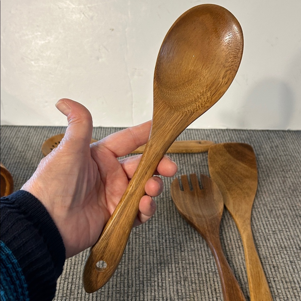 Wooden Utensil Set with Holder 6 pcs spoon spatula fork piece (salad server?) - Picture 9 of 13